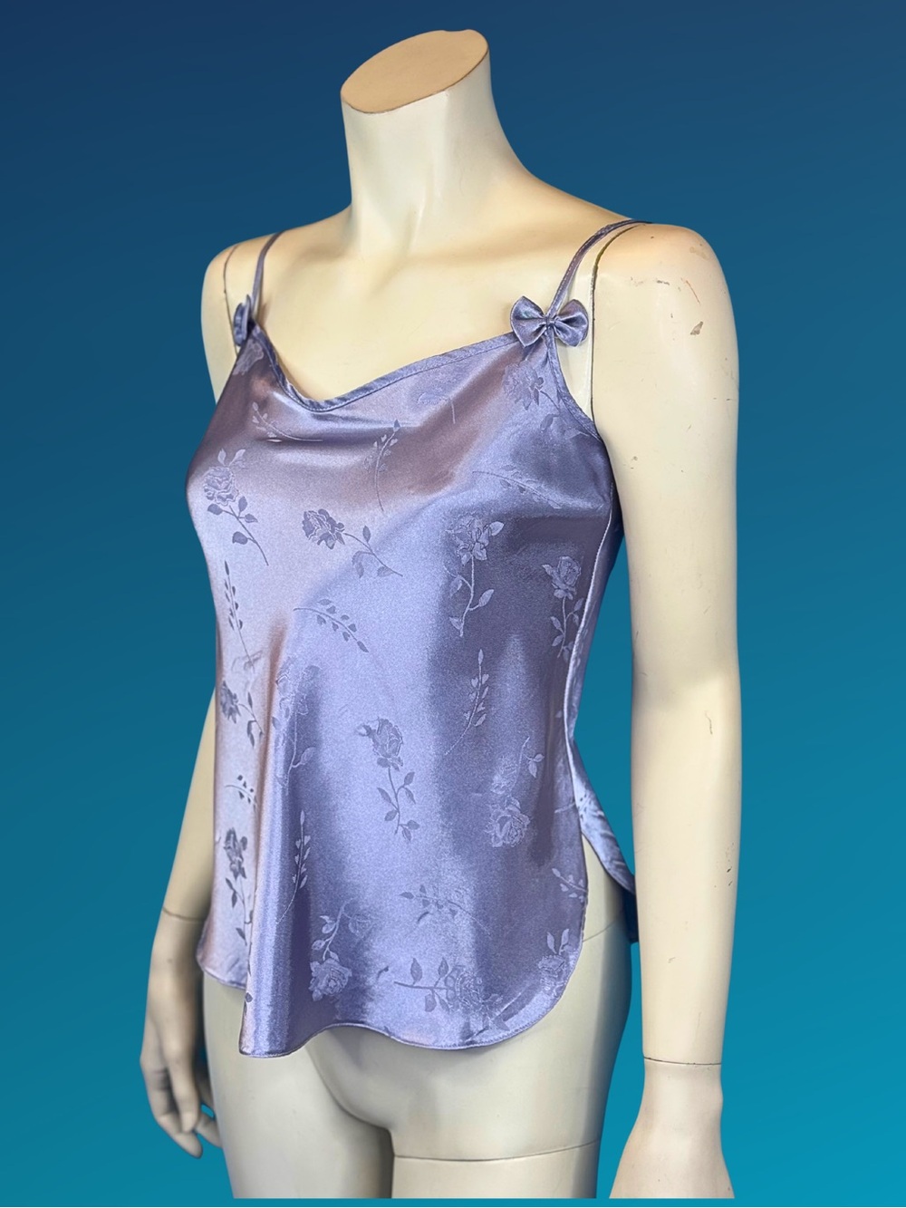 90s Lavender Satin Cami Floral Jacquard Slip Top | XS S - Picture 8 of 10